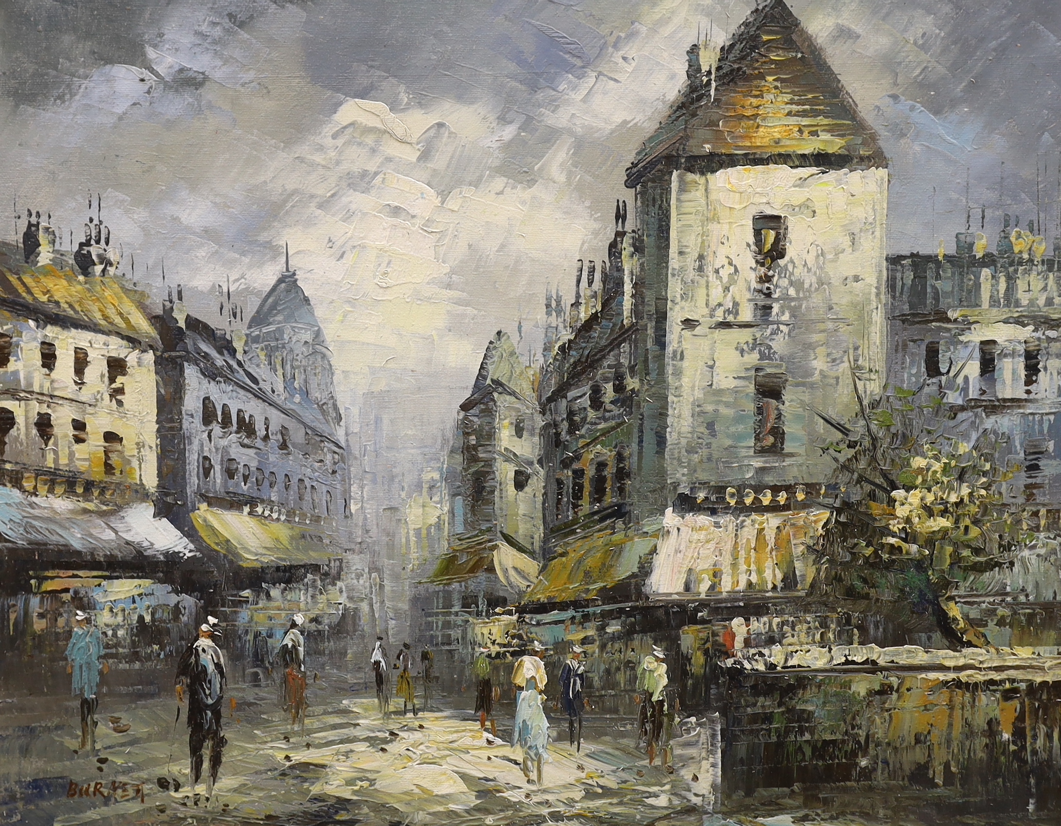 Caroline Burnett (1877-1950), impressionist impasto oil on canvas, Parisian street scene with figures, signed, 50 x 39cm